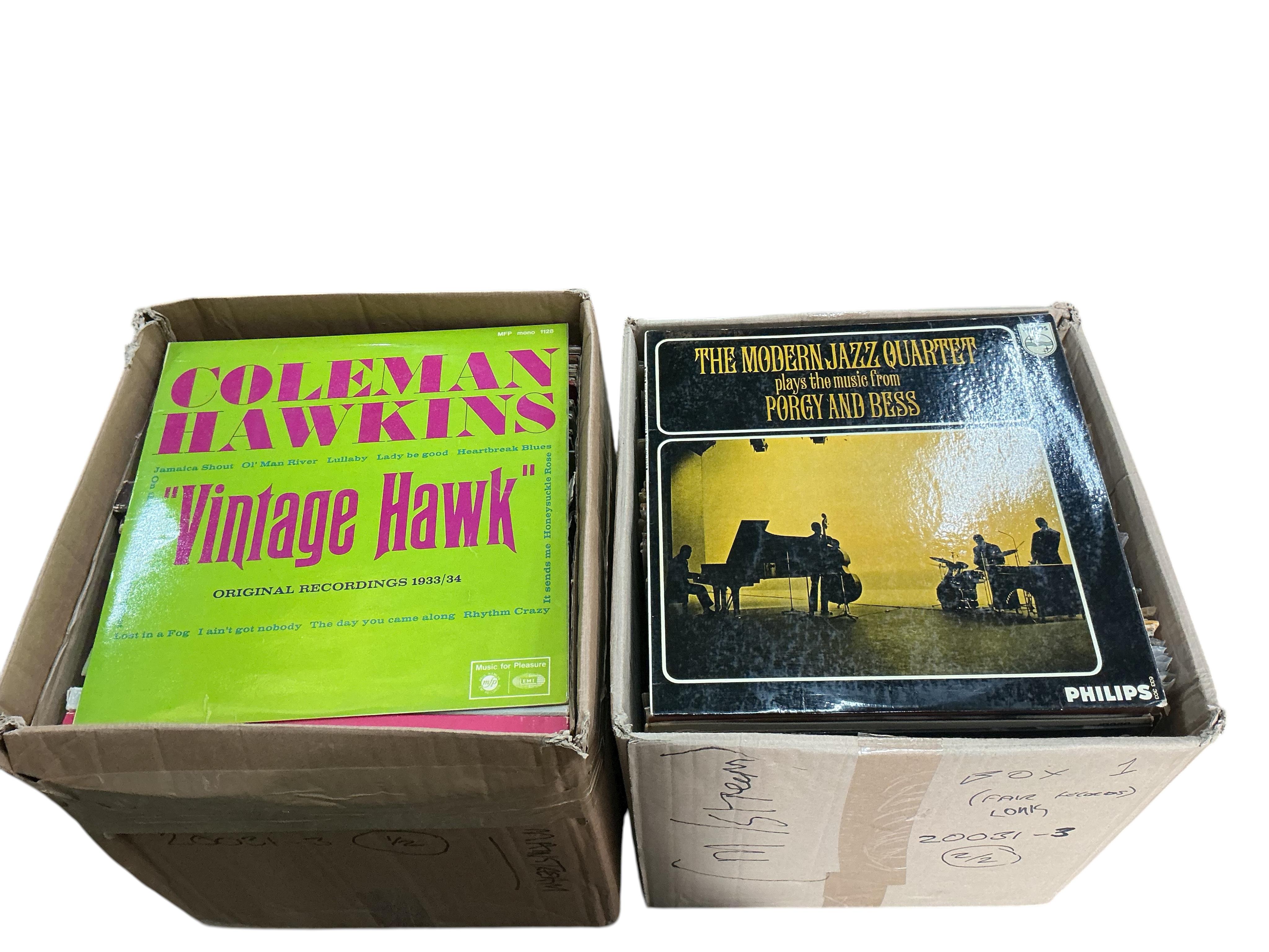 Two boxes of jazz LP record albums, artists including; Oscar Peterson, George Shearing, Louis Bellson, The Modern Jazz Quartet, Louis Armstrong, Ray Charles, Dizzy Gillespie, Earl Hines, etc.